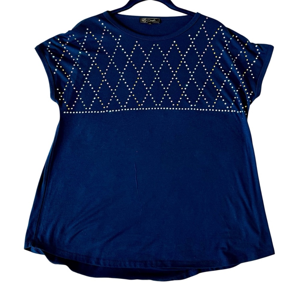 DG2 Diane Gilman Shirt Navy‎ Blue Sz-Small Pull On Short Sleeve w/ Rhinestones